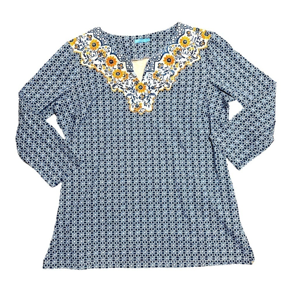 J. McLaughlin Print Tunic Catalina Cloth Navy Blue Light Blue Size Large